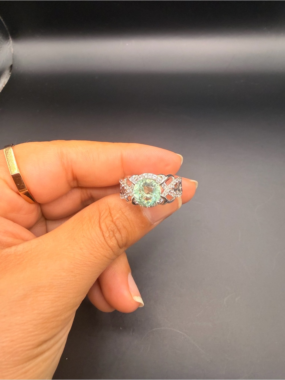 925 Sterling Silver Green Amethyst & White Topaz Ring Size 10.